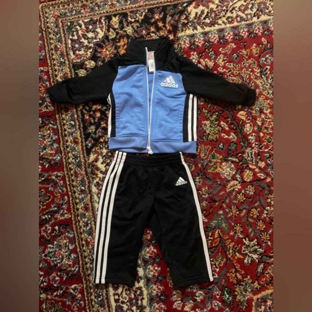Adidas 9 month old Black and Blue Tracksuit.